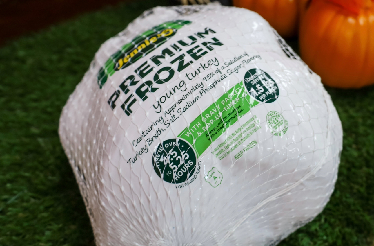 Picture of a frozen turkey packaged.